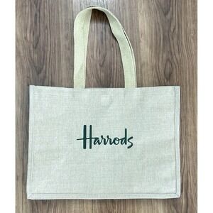 Harrods Large Tote Jute Shopping Bag Tan Natural Canvas with Green Logo